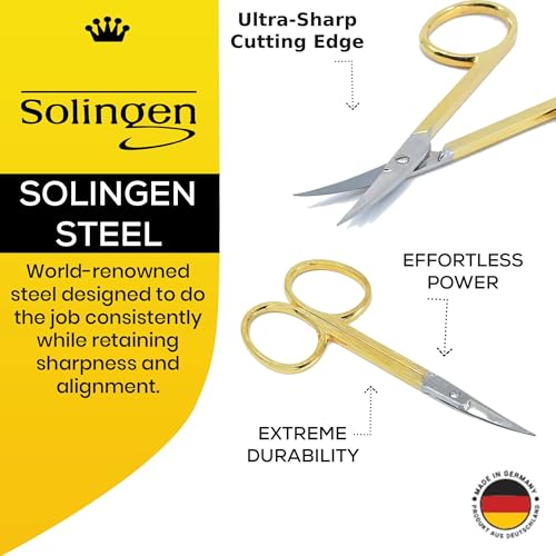 Camila Solingen CS05 Professional Nail Cuticle Scissors, Hypoallergenic Gold Plated Sharp Curved Manicure Pedicure Grooming for Finger and Toe Nail Care. Made of Stainless Steel in Solingen, Germany
