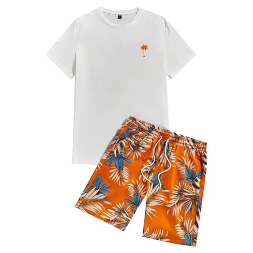 Ensemble homme t-shirt short imprimé floral 3D orange éclatant