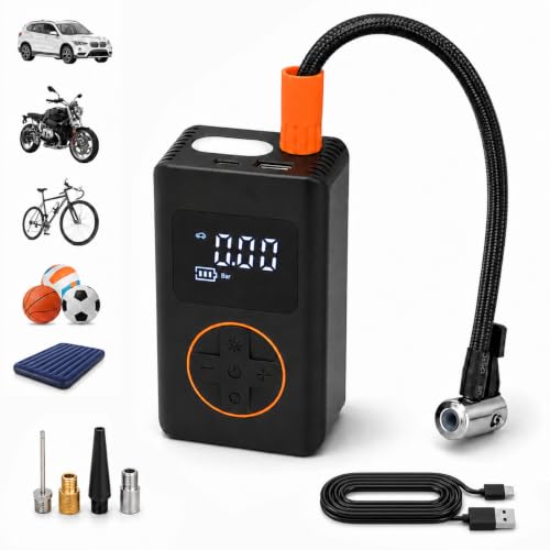 KOMBO - Compressore Aria Portatile Cordless 8V – Gonfiatore Gomme Auto Digitale 130 PSI con Auto-Stop, USB-C e 4 Adattatori, Mini Compressore Ricaricabile