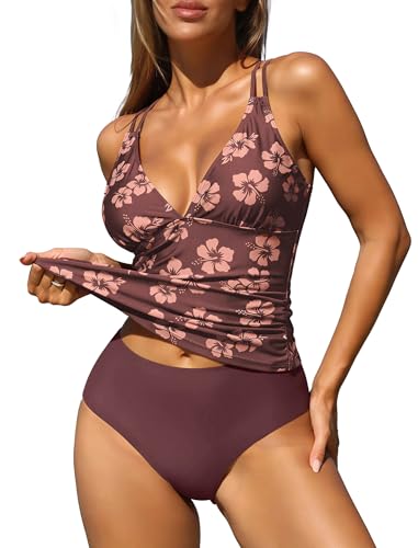 Image of ZAFUL Womens Tankini Swimsuits V Neck Push Up Swim Top Color Block Tummy Control High Waisted Bathing Suits Swim Bottom
