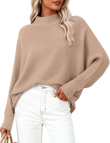 PRETTYGARDEN Womens Batwing Long Sleeve Sweaters Casual Loose Mock Neck