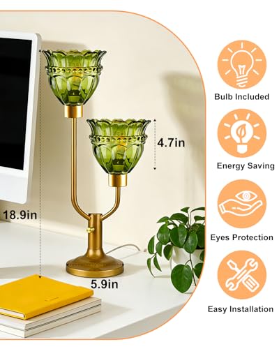 Lámpara de mesa vintage con vidrio verde y base dorada miniatura 4