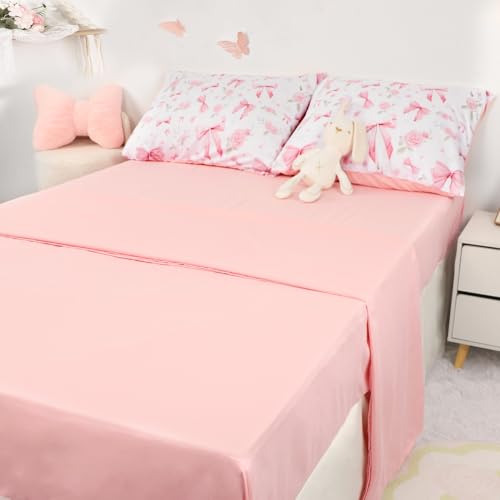 Image of Twin Kids Comforter Set for Girls Pink Rose, 5 Pieces Bed-in-a-Bag Toddler Bedding Set Soft Breathable, Cute Bow Flower Print, Includes Reversible Comforter, Fitted Sheet and Flat Sheet, 2 Pillowcases
