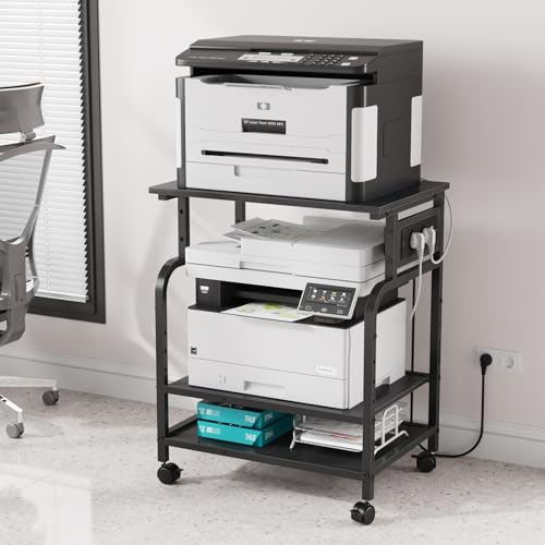 OYRREU Table d'Imprimante 3 Niveaux avec Prise USB et roulettes | Support pour Imprimante 3D, Laser et Presse à Chaud | Meuble Bureau avec Étages Réglables...