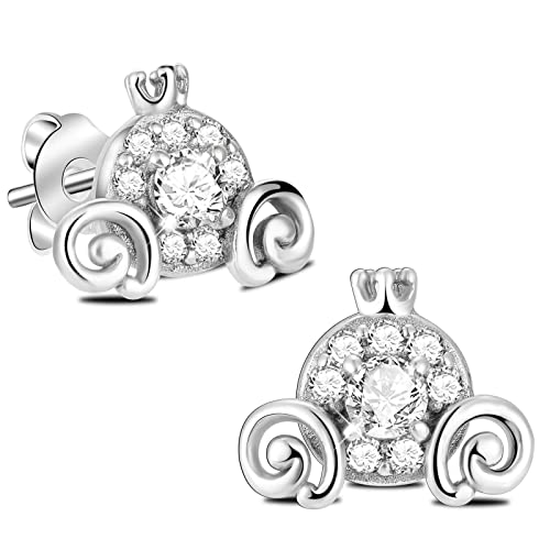 Pumpkin Carriage Earring 925 Sterling Silver Lucky Princess Cinderella Jewelry Gift (White)