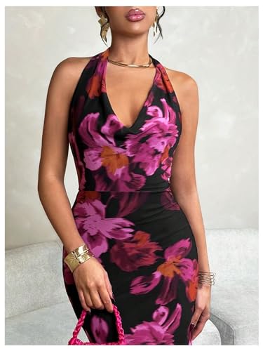 Soly Hux Women'S Floral Print Mesh Halter Bodycon Dress Cowl Neck Tie Backless Maxi Dresses Black Floral Small thumb #2