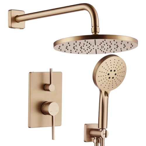 AONEON Bathtub Shower Trim Kit with 10 High Pressure Rain Showerhead Faucet System 3-Function Handheld Spray and Valve Included Wall Mount Champagne Bronze SF001CPG-D10