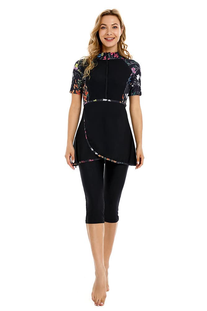 Maillot de Bain à Manches Courtes Maillots de Bain modestes pour Femmes Modesty Maillot de Bain Rash Guard Beachwear Burkini