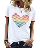 YZMI Rainbow Pride Shirts Stripe Heart Patterned Short Sleeve Tee LGBT Pride Party Ringer Tshirts White XL