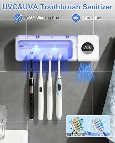 Image of UV Toothbrush Holder, Electric Toothbrush Holder Wall Mounted for 4 Slots, Smart Toothbrush Holder with Timer and Cover, Cordless Organizer for Bathroom, Toothbrush & Razor -White