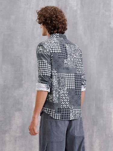 Image of WROGN Men's Cotton Corduroy Shirt | Grey Black Clash Design | Slim Fit