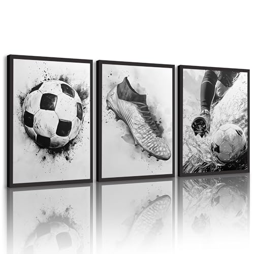 3Pcs Black White Soccer Wall Art Boy Playing Football Wall Decor Pictures Modern Sports Theme Canvas Posters Prints for Stadium Boys Room Locker Room Living Room Home Decoration 12x16in Unframed