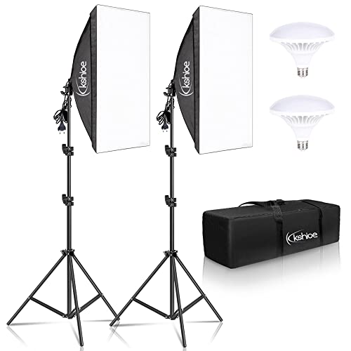 Bonnlo Kit de luz Softbox para Estudio fotográfico, Softbox de 50 x 70 cm con Base E27 y 2 Bombillas LED 5500K, trípodes de Aluminio Ajustables en Altura, Incluye Bolsa de Transporte