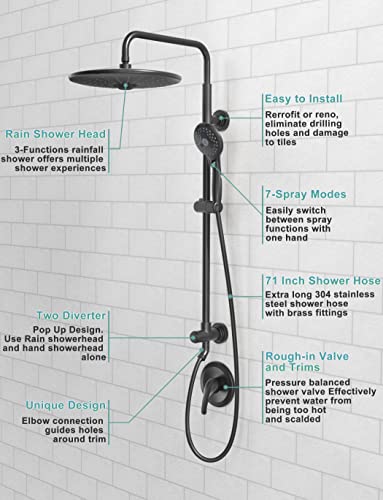 Image of SR SUN RISE Shower System with 3-spray Rain Shower and 6-Setting Handheld Combo 1.8 GPM Shower Faucets Sets Complete with Adjustable 27.6 inch Slide Bar Shower Fixtures Valve Include, Matte Black