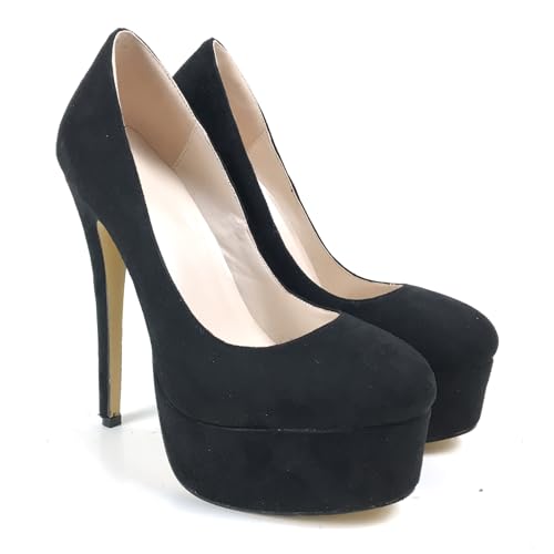 Elegant Women's Platform High Heel Pumps Round Toe Stiletto Heels Black Faux Suede Ladies Female Party Work Career Shoes Black Dressy