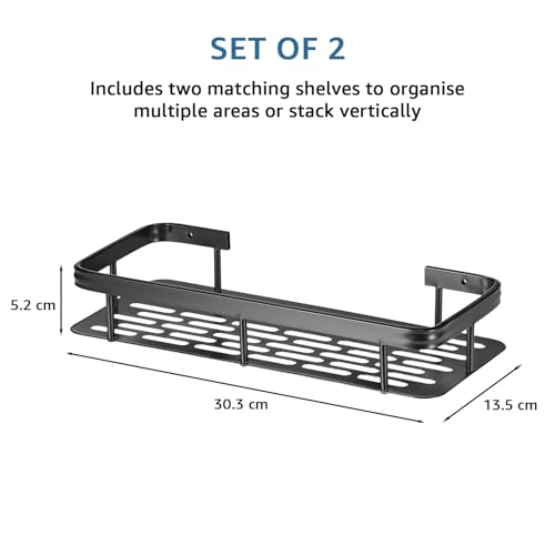 Image of Amazon Basics Self-Adhesive Aluminium Bathroom Wall Shelf | Water-Resistant | Pack of 2 | Tool-Free Installation | Black | 30D x 13W x 5.5H cm