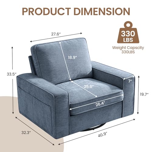 COHOME 360-Degree Swivel Accent Chair, Modern Oversized Club Arm Chair with Side Pockets, Classic Style Single Sofa Chair for Living Room, Bedroom(Blue) - Thumbnail 2