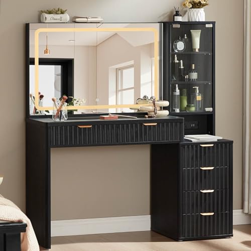 LEYAOYAO Vanity Desk with Mirror and Lights, 43.5'' Fluted Makeup
