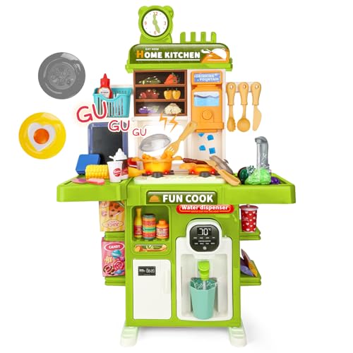 Upgrade Toy Kitchen Set for Kids Toddlers Mini Kitchen Playset with Spray Sink & Realistic Lighting Pretend Cooking Toys for 3 4 5 Year Old Girls Boys Gifts (Green)