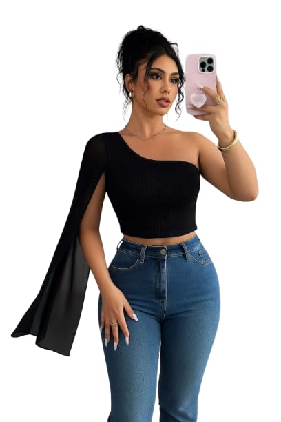 TIVANTE Solid One Shoulder Neck Mesh Sleeve Crop Top for Woman Full Sleeve top for Women Stylish Western || mesh Tops for Women Stylish-image-1