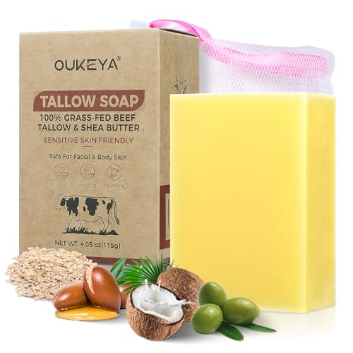OUKEYA Jabón Natural de Sebo 115g, Jabón Hidratante para Rostro y Cuerpo, Enriquecido con Manteca de Karité, Aceite de Coco, Avena, Caléndula y Espino Amarillo, Pieles Sensibles, con Red Espumante