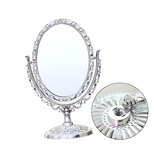 Ipetboom Double Sided Mirror Vintage Hand Mirror Silver Desk Mirror Vintage Cosmetic Makeup Vanity Mirror Oval Desktop Mirror Small Handheld Makeup Mirror Girl European Style - Image 5