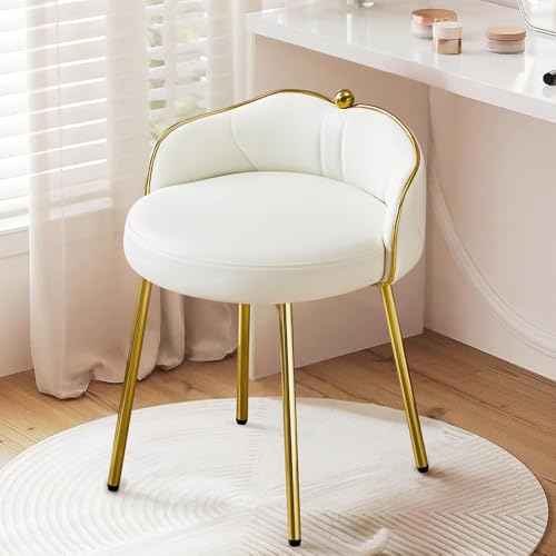 Hellove Lindo Taburete De Tocador Acolchado, con Patas De Metal Doradas, Silla De Tocador Sin Brazos, Stool De Maquillaje, Stool De Cuero, para Dormitorio, Salón, Vestidor, Vanidad, Blanco