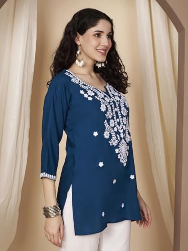 Image of Short Kurti for Women for Jeans, Chikankari Kurtis for Ladies, Lakhnavi V- Neck Women's Tunic Design Kurta, Floral Kurtas & Tunics for Woman