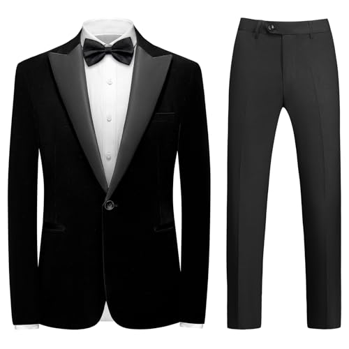 Mens Velvet Suit 2 Pieces Slim Fit Tuxedo Peak Lapel Blazer One Button Formal Jacket Pants for Wedding Prom Dinner