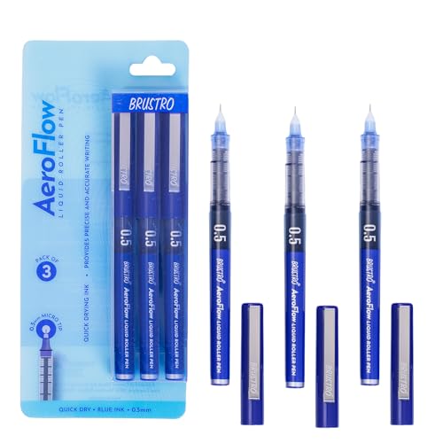 Image of BRUSTRO AeroFlow Liquid Ink Rollerball Pens | Blue | 0.5mm, Micro Tip | Pack of 3| Ideal for Students, Professionals, Office, Exam use, Accurate Smooth Writing, Fade Resistant