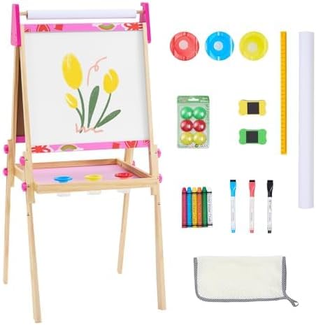 NEWBULIG Kids Easel, Wooden Double-Sided Magnetic Chalkboard & Dry Erase Board with Paper Roll, Art Station Adjustable Height for Toddlers Age 3+, Complete Art Set with Accessories, Pink