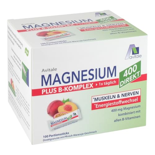 Magnesium 400 + Vitamin B-Komplex direkt mit leckerem Pfirsich-Maracuja Geschmack - Direktgranulat zur Einnahme ohne Wasser
