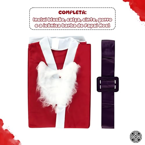 Fantasia Clássica de Papai Noel, Blusão Vermelho, Calça, Cinto, Gorro e Barba Branca