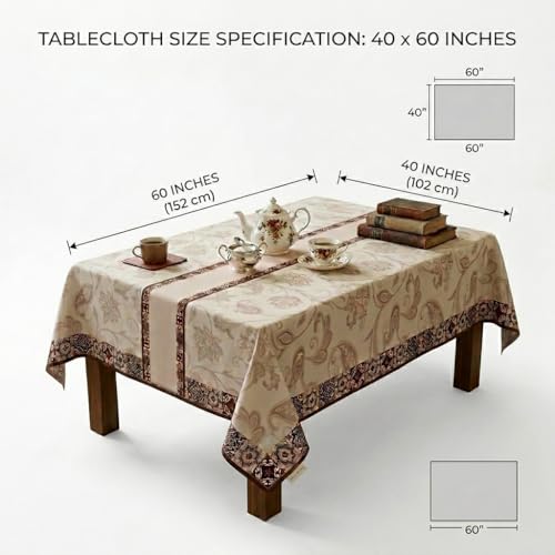 Image of Table Cover (152x101 cm) Brown Printed Border| Polyester Table Cloth | Washable Dustproof Rectangular Table Cover for Home & Kitchen