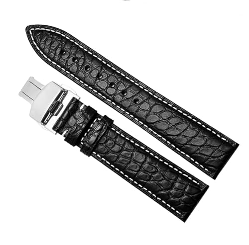 Bracelet de montre en cuir de crocodile noir et blanc 21mm avec boucle deployante silver
