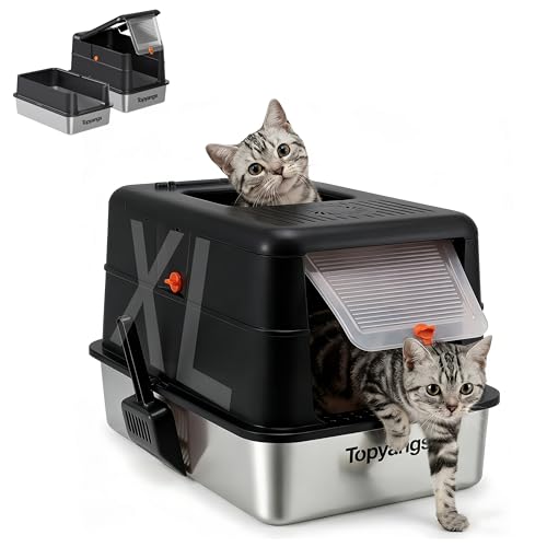 Arenero para gato de acero inoxidable con tapa y control de olores miniatura 1