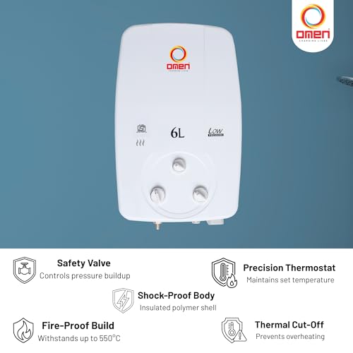 Image of Omen Changing Lives 6Liter LPG Gas Geyser | Instant Hot Water | Copper Heat Exchanger | Anti-Rust Coating | Multi-Safety | For Bathroom & Kitchen | 2-Year Warranty