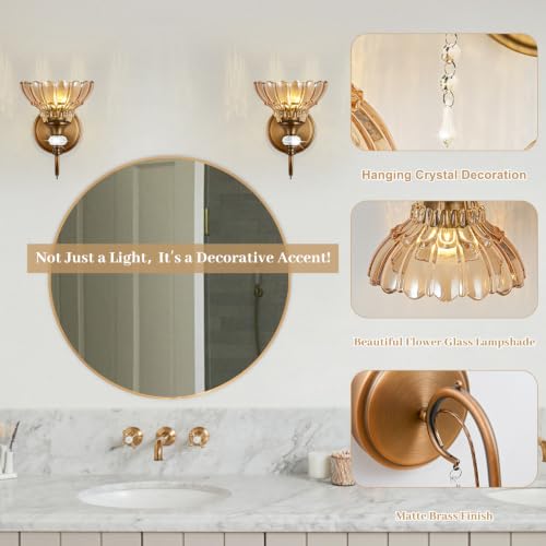 Image of 1 Piece Vintage Wall Sconce, 1-Light Matte Antique Brass Finish Wall Sconce with Hanging Crystal Accents and Flower-Shaped Amber Shades for Bathroom Bedroom Living Room,Vintage Vanity Light