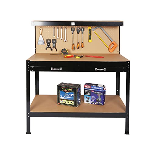 Lazyspace Steel Garage Tool Box Toolbox Work Bench Workbench Storage with Drawers Pegboard and Pegs Shelf DIY Workshop Station,Brown & Black