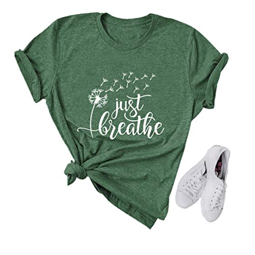 Anbech Womens Just Breathe Shirts Dandelion Graphic T-Shirts Casual Summer Letter Print Blouse L Green