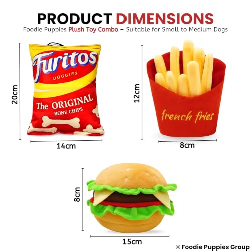 Image of Foodie Puppies 3-in-1 Squeaky Plush Dog Toy Combo (Chips, Burger & French Fries) for Small to Medium Dogs | Durable Bite-Resistant Chew Toys with Crinkle Sound | Soft & Safe for Teething