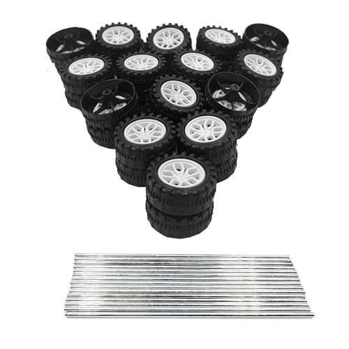 30PCS Toy Car Wheels 2mm Dia Shaft Plastic Car Wheels with 15PCS Shaft Round Rod Axles for DIY Model Toys RC Car Truck Robot Parts (White)