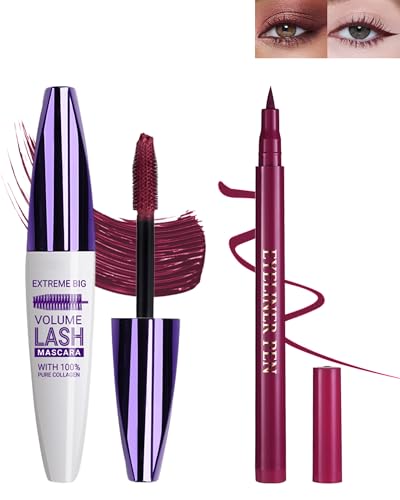 Burgundy Waterproof Mascara & Eyeliner Set 5D Silk Fiber Liquid Lash Extensions Colored Tubing Mascara Volume and Length Long Wear Smudge-Proof Curling Non-Clumping & Smooth Eyeliner Pen for Women