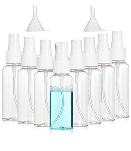 Spray Bottles, 2oz/50ml Clear Empty Fine Mist Plastic Mini Travel Bottle Set, Small Refillable Liquid Containers with 2pcs Funnels (8 Pack)