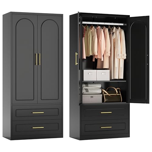 Polup Metal Armoire Wardrobe Closet with Two Drawers, 71" Tall Large Wardrobe Cabinet with Hanging Rod, Clothing Storage Cabinet with Doors and Shelves for Bedroom, Black, Assemble Required