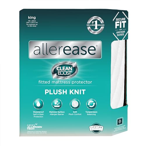 AllerEase CleanBoost Plush Knit Mattress Protector Waterproof Particle Barrier Temperature Balancing Soft Plush Comfort Machine Washable Fitted Cover with Elastic Anchor Bands Mattress Cover, King