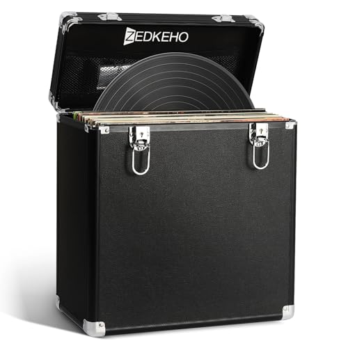 ZEDKEHO Vinyl Record Storage Box with Lock, Holds 35+ LP Albums