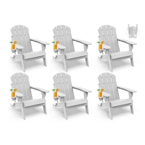 GREENVINES Folding-Adirondack-Chairs-Set-of-6 | HDPE Plastic | Fire Pit Chair | All Weather | Cup Holder | White | for Deck Backyard Patio Outdoor Gar