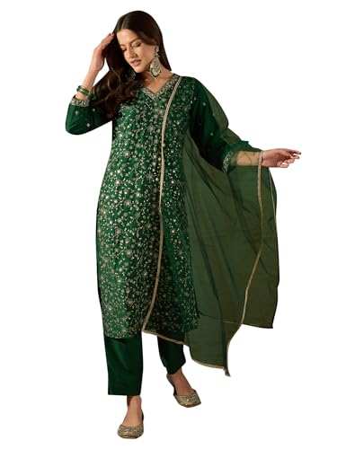 Image of Vaamsi Women's Silk Blend Floral Embroidered Straight Kurta Pant With Dupatta With Cotton Inner
