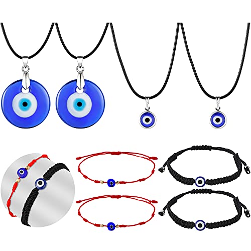 8 Pieces Evil Eye Necklace Bracelet Set 4 Evil Eye Pendant Turkish Blue Eye Necklace Glass Eye PU Leather Rope Necklace, 4 Adjustable Evil Eye Bracelets Handmade Braided 7 Knots Evil Eye Bracelet